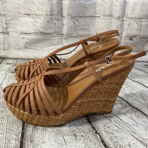 PRADA Tan Wedge Sandals Strappy Design & Woven Platform Sole Sz 8.5 US 38.5 EU - Picture 3 of 9